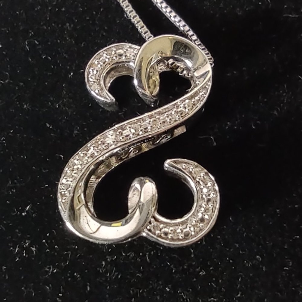 STERLING SILVER "OPEN HEARTS" PENDANT WITH DIAMONDS ON NECKLACE